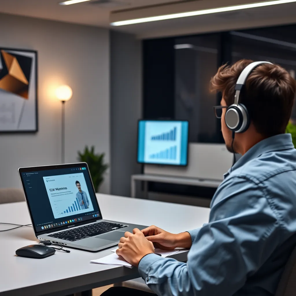 A modern, minimalist office setting with a laptop displaying a webinar interface. The screen shows a speaker presenting a slide deck with graphs and charts. A person is sitting at the desk, wearing headphones and taking notes.