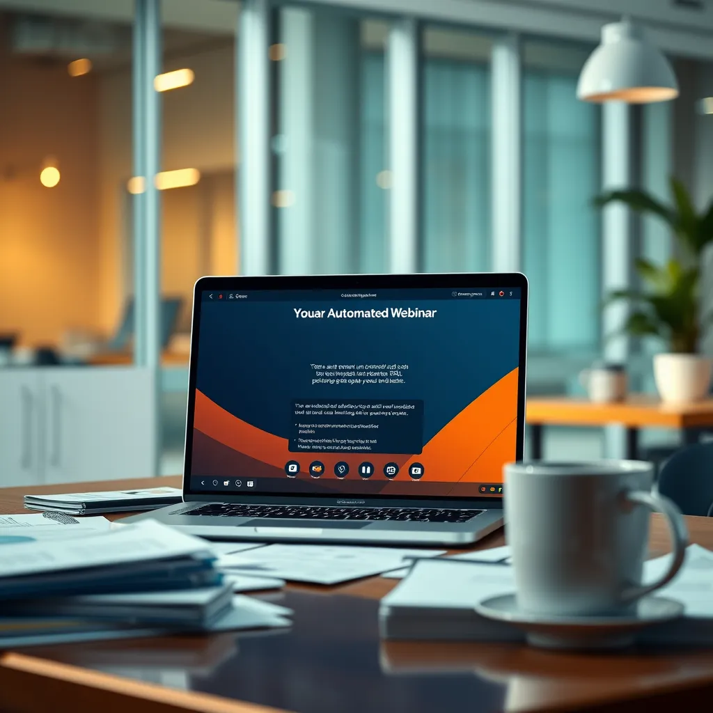  A modern office interior with a laptop screen displaying an engaging automated webinar interface. The laptop is positioned on a desk with scattered documents and a coffee mug, suggesting a relaxed yet focused work environment. The background should be blurred, highlighting the laptop screen and the webinar content.