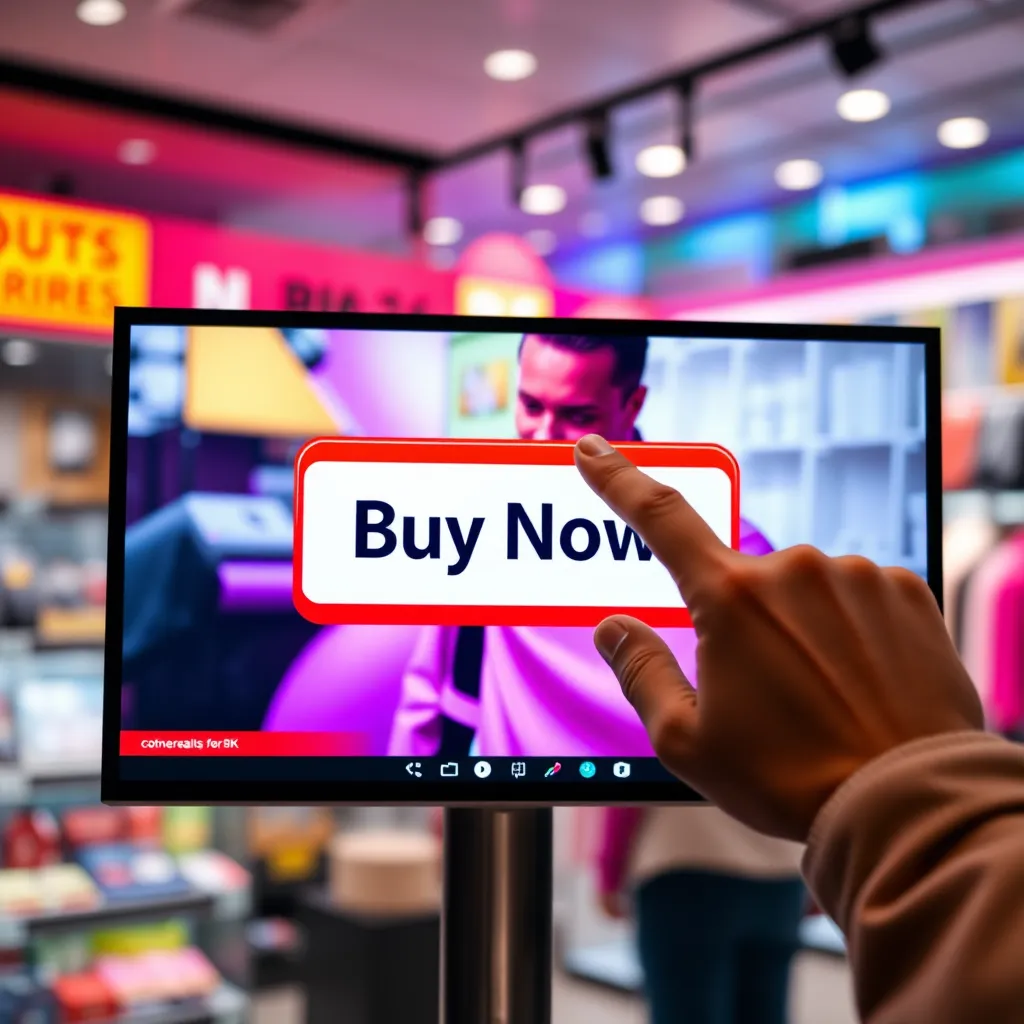A person on a video screen pointing to a button that reads "Buy Now!" with a bright, colorful background. The screen is positioned against a backdrop of a vibrant online store, emphasizing the call-to-action and online purchasing experience.