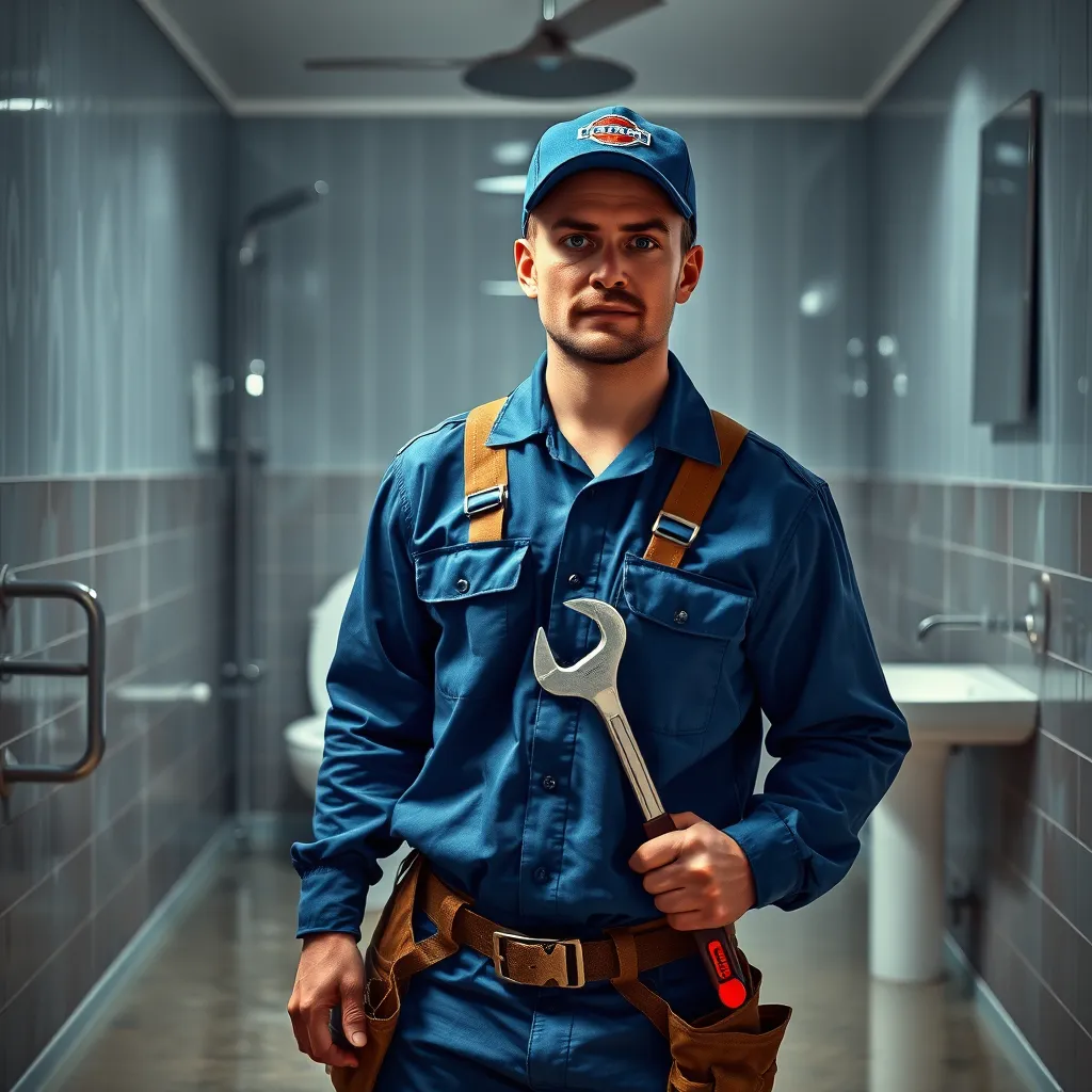 A photorealistic image of a plumber in a blue uniform, wearing a tool belt and holding a wrench, standing in front of a flooded bathroom with a burst pipe visible. The image should convey urgency and expertise, with the plumber appearing focused and ready to work.