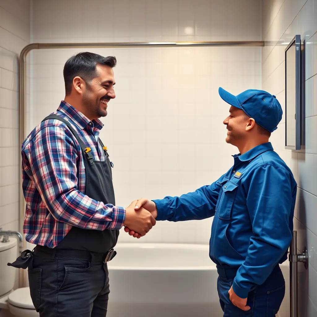 A photorealistic image of a satisfied customer shaking hands with a plumber in a clean, repaired bathroom. The image should convey trust, professionalism, and the positive outcome of a successful burst pipe repair.