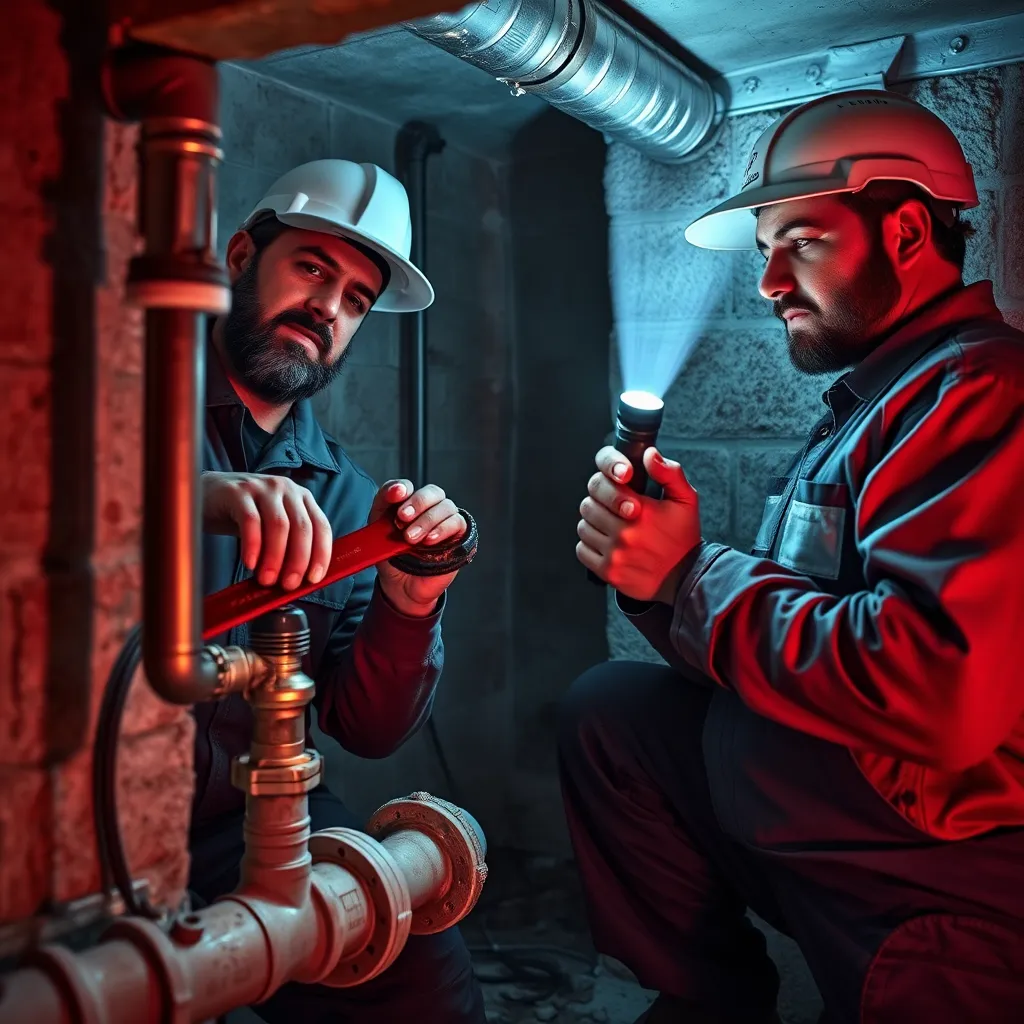 A photorealistic image of a team of two plumbers working together to repair a burst pipe in a basement. One plumber is using a pipe wrench while the other is holding a flashlight, highlighting the technical aspects of the repair. The image should convey a sense of teamwork and professionalism.