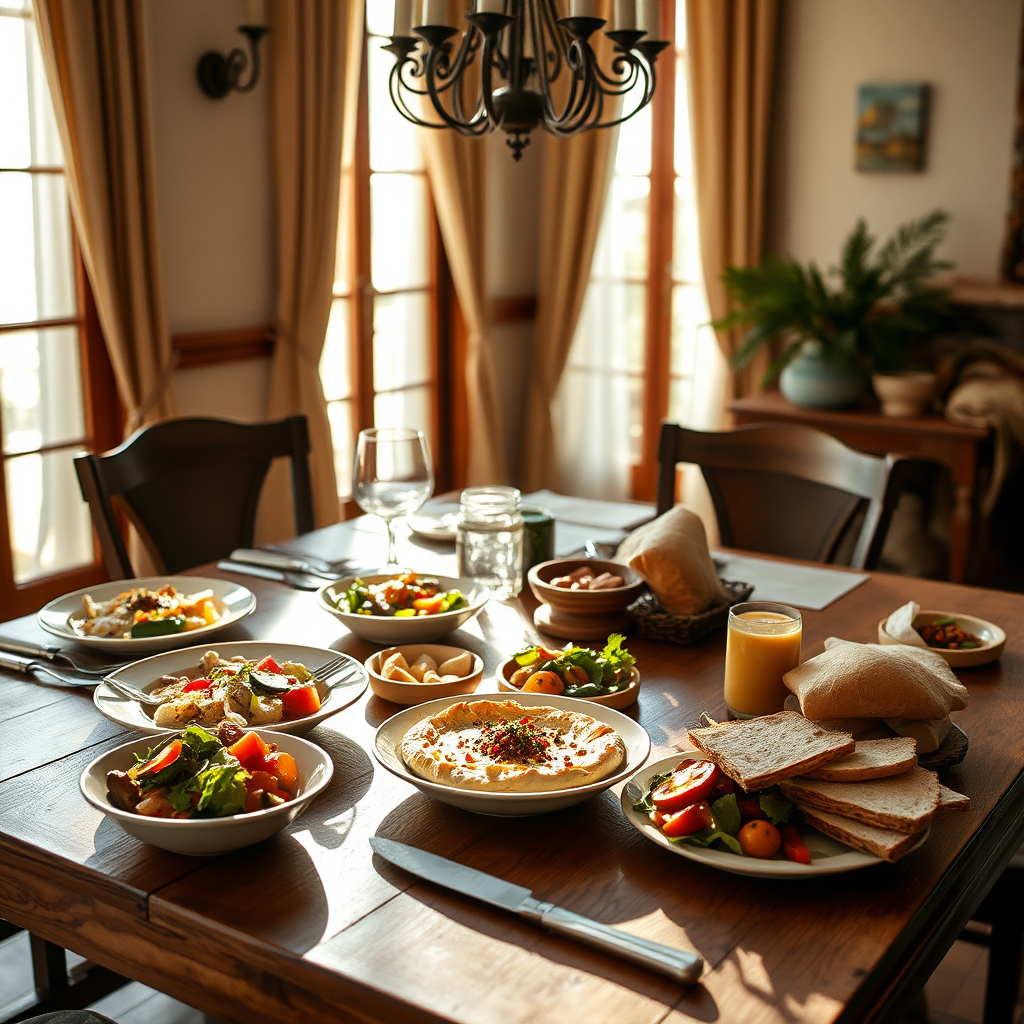 A beautifully set table with Mediterranean dishes