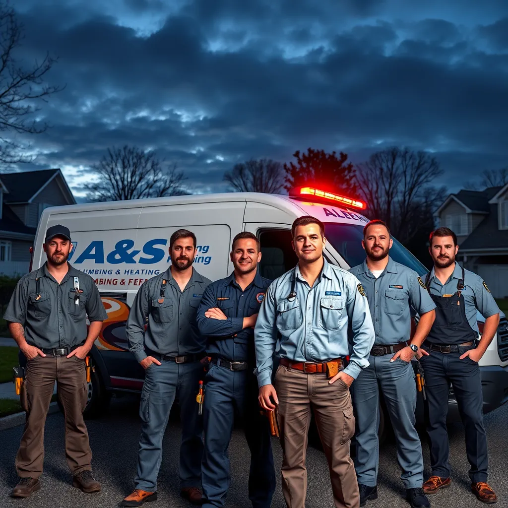 A team of professional plumbers in uniform, wearing tool belts, standing in front of a modern van with A&S Plumbing & Heating logo, against a backdrop of a residential neighborhood in Enfield, with a dramatic sky indicating a nighttime scene and emergency lights flashing on the van.