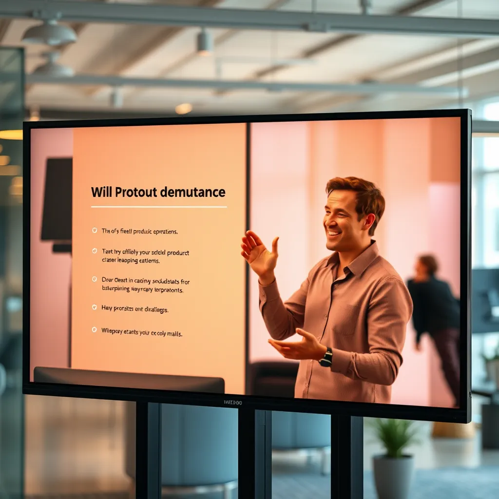 A video screen displaying a product demo with a person speaking enthusiastically, highlighting features and benefits. The background is a modern office setting, with a bright and inviting atmosphere.