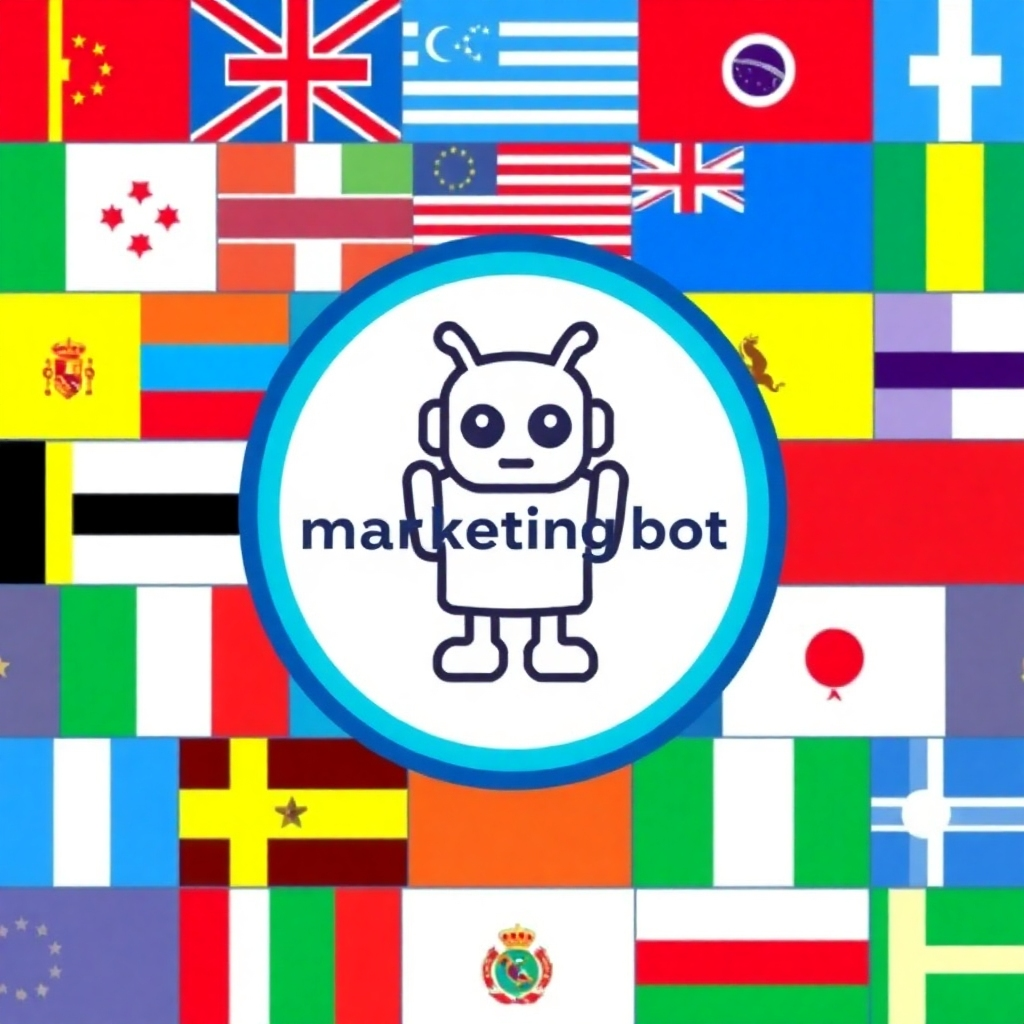 An image containing flags from all over the world with the marketing bot logo in the center. Use a light and fun color scheme to represent the multilingual support.