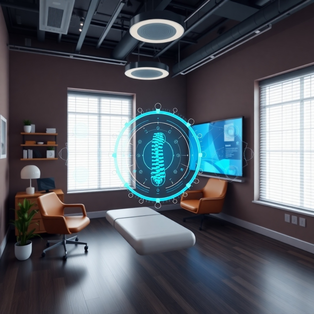 Capture an image showing the integration of a futuristic AI interface into a classic chiropractic setting. This visual represents the fusion of traditional practices with cutting-edge technology. Use clean lines, modern designs, and bright, vibrant colors to emphasize innovation.