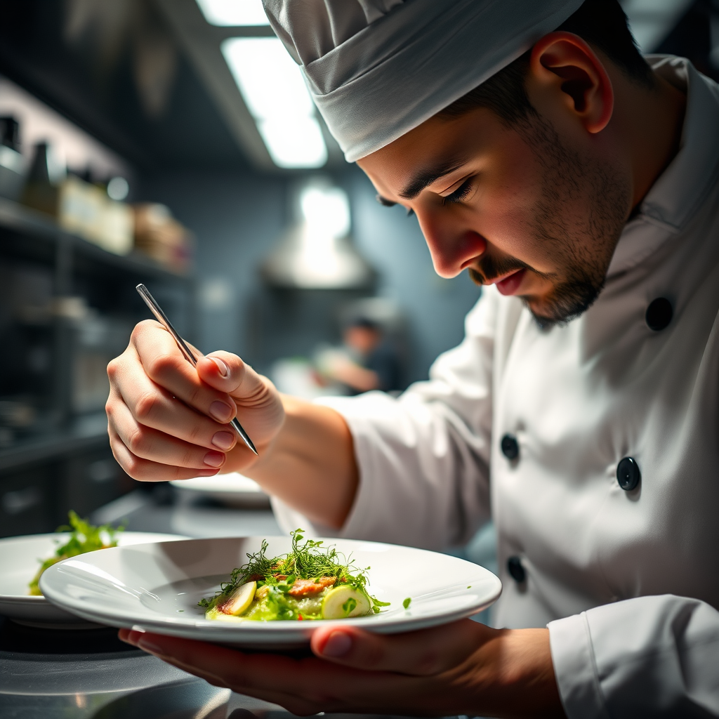 Chef garnishing dish