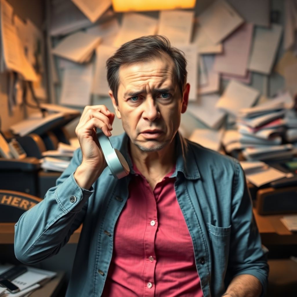 Create an image depicting a stressed-out patient on hold with a phone to their ear, conveying frustration. The background should be cluttered with ringing phones and overflowing paperwork. Use harsh lighting and tense body language to emphasize the negative experience.