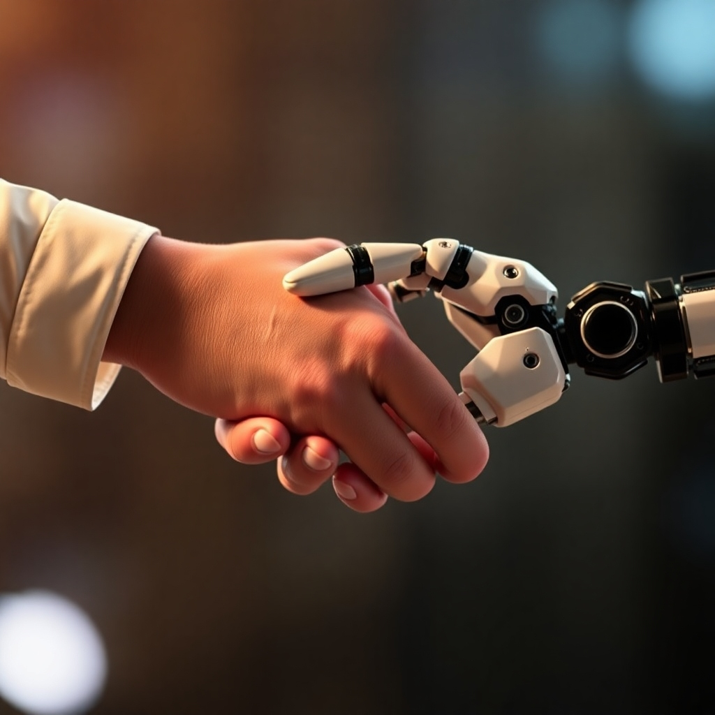 Create an image featuring a handshake between a human hand and a robotic hand, symbolizing trust and technological advancement. Use warm colors and soft lighting to emphasize the positive connection. The background should be blurred to keep the focus on the handshake.