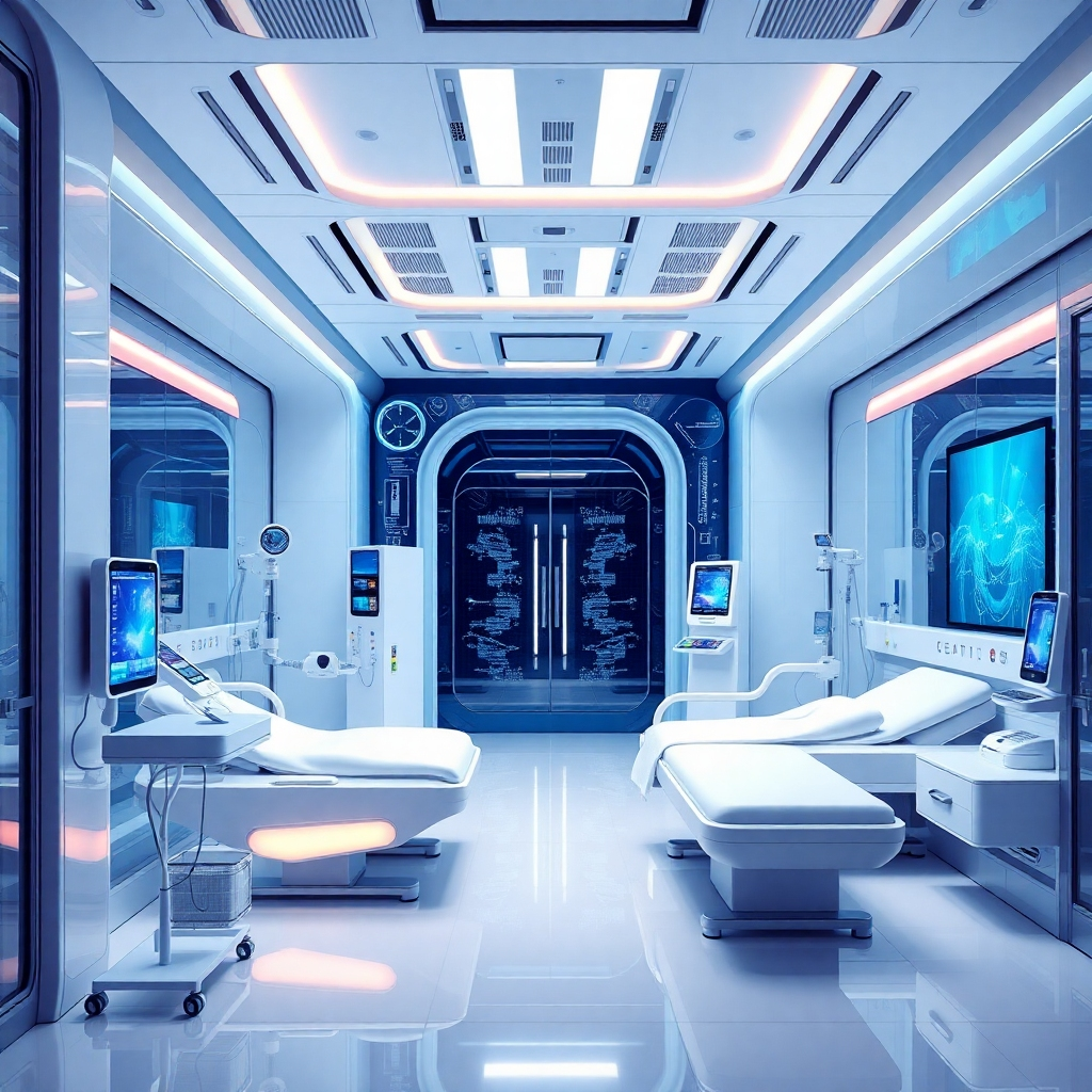 Create an image showcasing a futuristic healthcare environment with advanced technology seamlessly integrated into patient care. Use clean lines, modern designs, and vibrant colors to convey innovation and progress. The overall feel should be optimistic and forward-thinking.