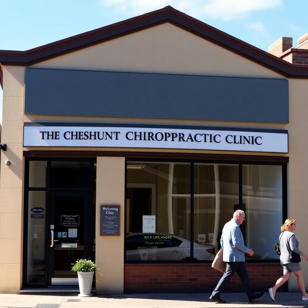 Create an image showcasing the exterior of The Cheshunt Chiropractic Clinic on a sunny day. The building should look welcoming and professional, with clear signage. Include pedestrians walking by, suggesting a vibrant and well-established location. The color palette should be warm and inviting. The image should evoke a sense of trust and longevity.