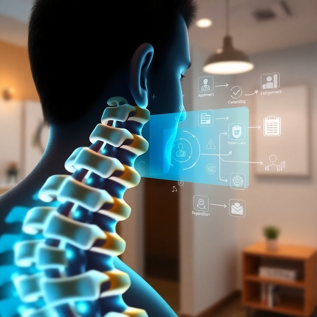 Generate a 4K, high-quality image that visually represents the successful integration of AI into The Cheshunt Chiropractic Clinic. The image should show a stylized representation of a human spine gradually morphing into a sleek, modern digital interface. Half of the image should depict a traditional, comforting chiropractic environment with warm colors and soft lighting. The other half transitions to a clean, futuristic design with cool blues and greens, representing MarketingBot's AI interface. Small icons and symbols representing appointments, customer support, and data analysis should float around the digital side. The composition should convey a seamless blend of traditional healthcare and cutting-edge technology, symbolizing efficiency and improved patient care. The camera angle is slightly tilted, giving a sense of dynamic transformation. The overall feel should be optimistic and forward-thinking.