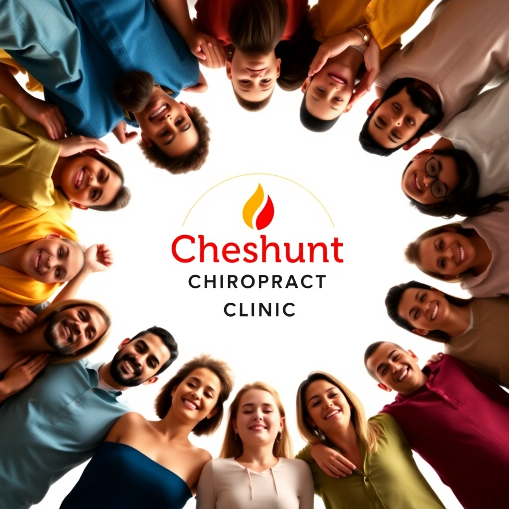 Generate an image depicting a group of diverse people forming a circle around the Cheshunt Chiropractic Clinic logo, symbolizing patient loyalty and community support. Use warm colors and welcoming imagery to convey a sense of belonging and trust.