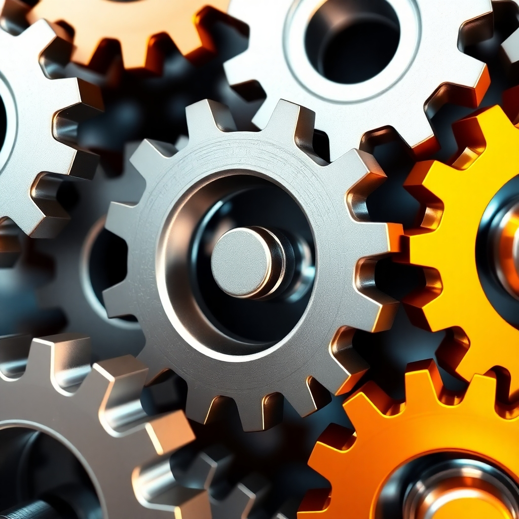 Generate an image depicting a series of interconnected gears working together smoothly, symbolizing efficiency and optimized processes. Use metallic textures and vibrant colors to highlight the seamless operation. The overall feel should be organized and structured.