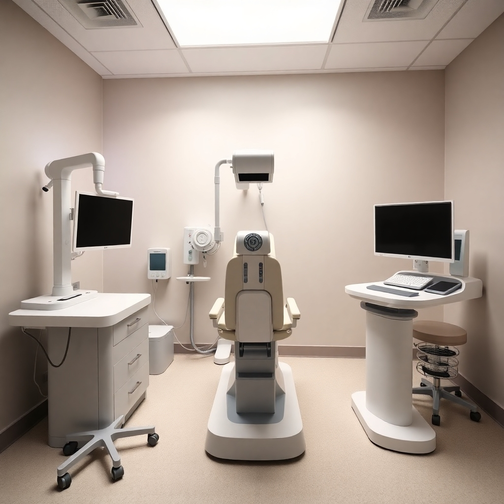 Generate an image featuring a modern, clean examination room with advanced chiropractic equipment. The equipment should look state-of-the-art and well-maintained. Focus on the precision and professionalism of the setting. The color palette should be clean and sterile, with white and silver dominating.