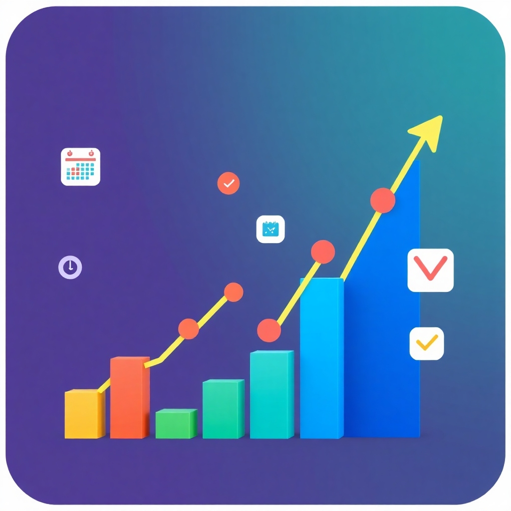 Generate an image of a growing graph with an upward trajectory, symbolizing the increase in appointment bookings. Use vibrant colors and a dynamic design to convey growth and success. Incorporate calendar icons and checkmarks to represent booked appointments.