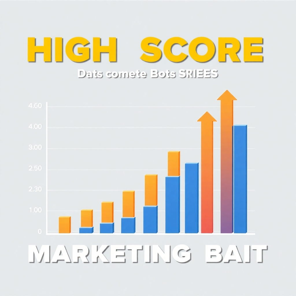 Generate an image of a high score chart dominated by MarketingBot, emphasizing its achievement in setting a new bar for excellence. Use bold, vibrant colors and upward-trending graphs to symbolize the high benchmark. The overall feel should be impactful and inspiring.