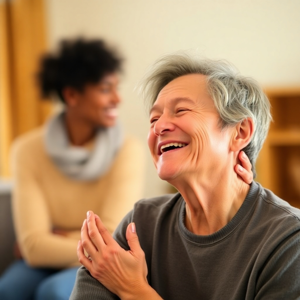 Generate an image of a person experiencing relief from pain. Use body language and facial expressions to convey the feeling of comfort and improved well-being. The background should be blurred to keep the focus on the individual. Warm colors and soft lighting can help to create a sense of calm and healing.