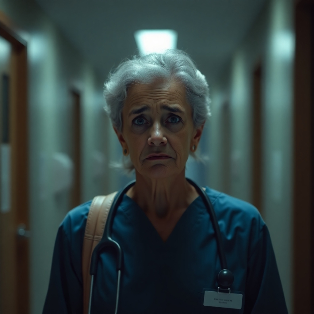 Generate an image of a sad or disappointed patient leaving the clinic. The facial expression should convey their negative experience. The lighting should be dim and gloomy, highlighting the dissatisfaction. The background should be blurred to emphasize the patient's feelings.