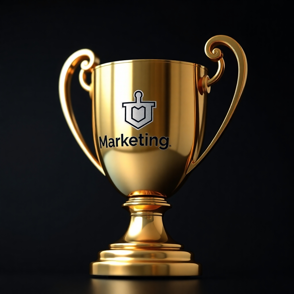 Generate an image of a shining trophy with the MarketingBot logo engraved on it, symbolizing excellence and innovation. Use metallic textures and vibrant colors to convey a sense of prestige and achievement. The overall feel should be celebratory and inspirational.