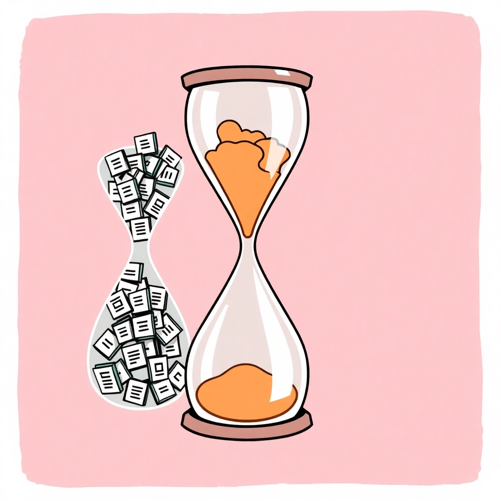 Illustrate a bottlenecked hourglass filled with appointment slots, symbolizing the clinic's struggle with scheduling. One side of the hourglass is overflowing, while the other is nearly empty, representing the imbalance. Use contrasting colors to highlight the inefficiency.