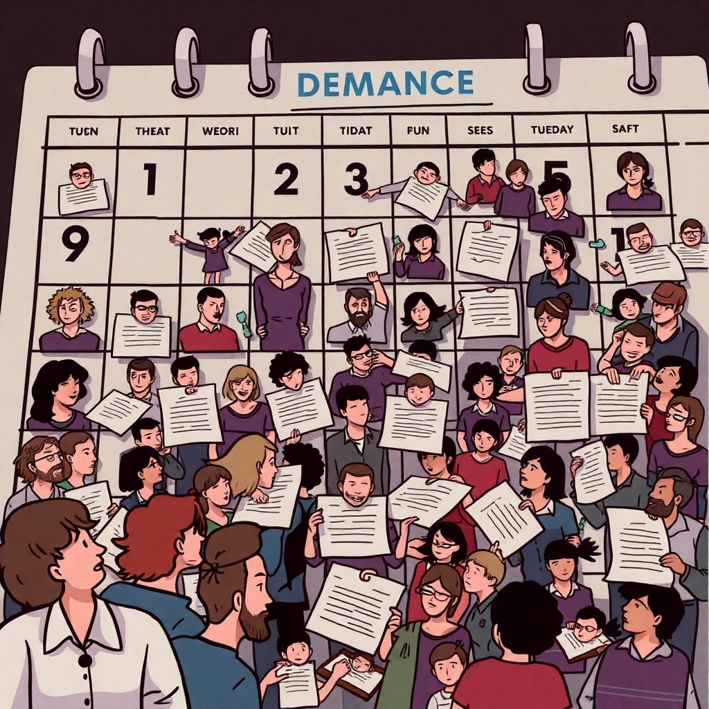 Illustrate a chaotic calendar overloaded with appointments, symbolizing the clinic's struggle to manage demand. Use a close-up shot to highlight the cramped schedule and the feeling of being overwhelmed. The color palette should be dark and stressful.