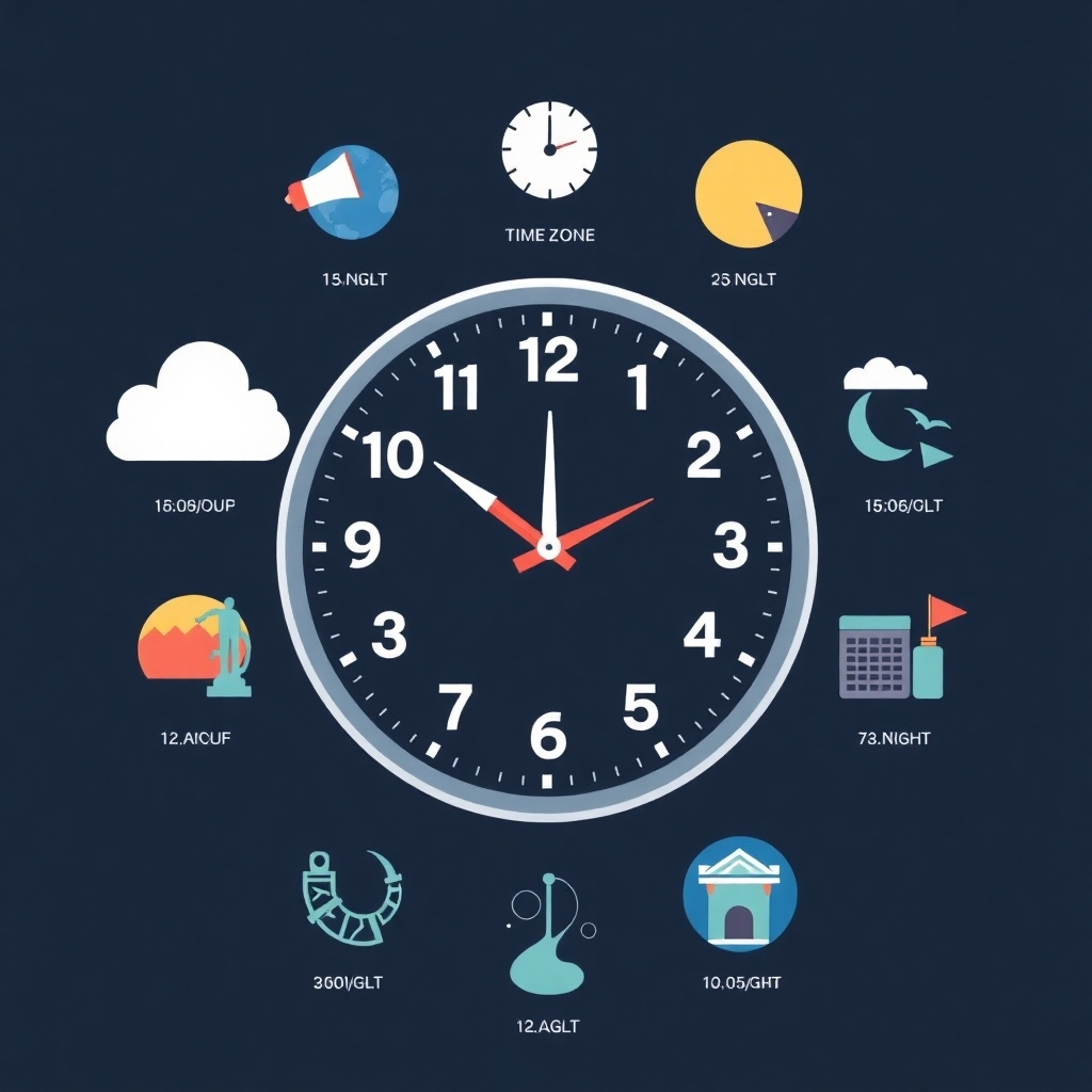 Illustrate a clock with hands pointing to all hours, surrounded by icons representing different time zones and locations. Use a mix of day and night imagery to convey 24/7 availability. The color palette should include both warm and cool tones.