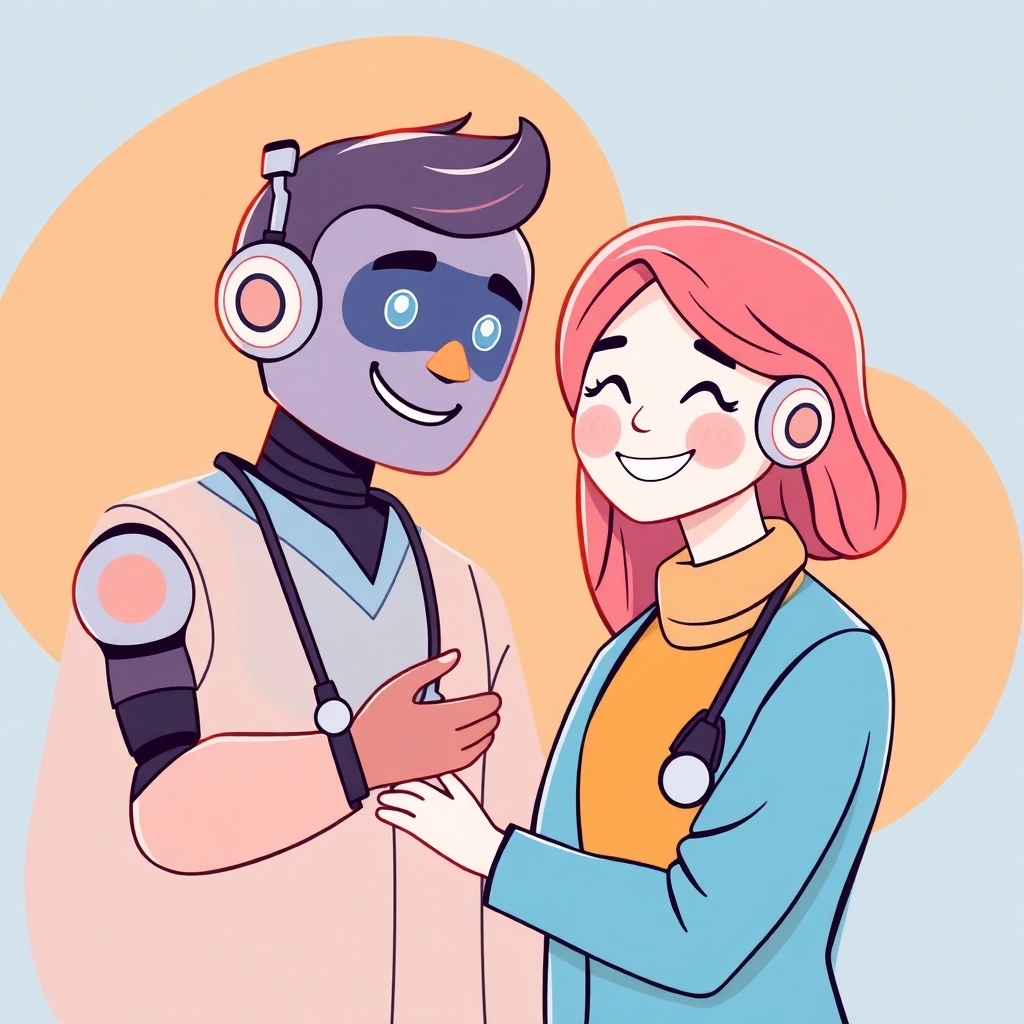Illustrate a friendly chatbot interface assisting a patient with a smile, symbolizing the positive impact of AI in customer service. Use warm colors and a welcoming design to convey approachability and user-friendliness. The overall feel should be supportive and reassuring.