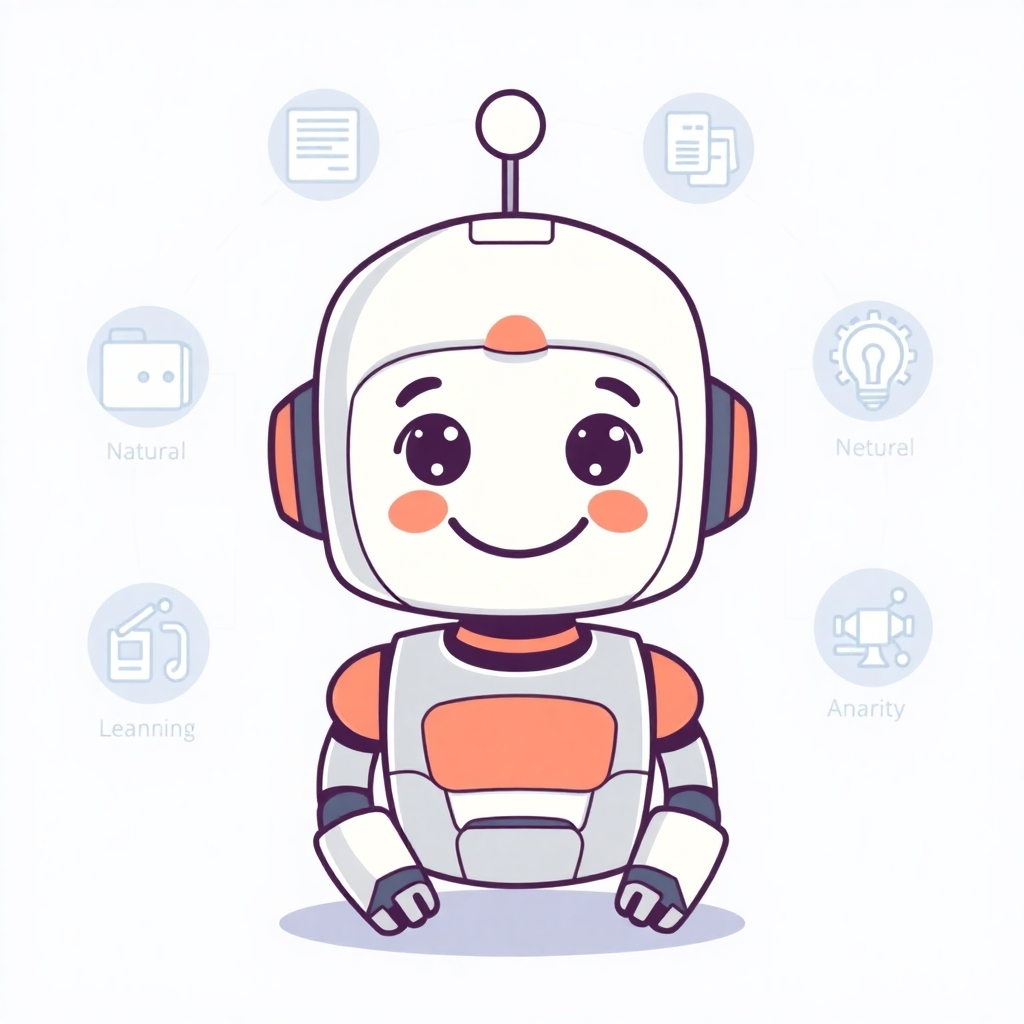 Illustrate a friendly chatbot avatar with a welcoming expression, surrounded by icons representing AI capabilities such as natural language processing and machine learning. Use bright, approachable colors and a clean design to convey user-friendliness.