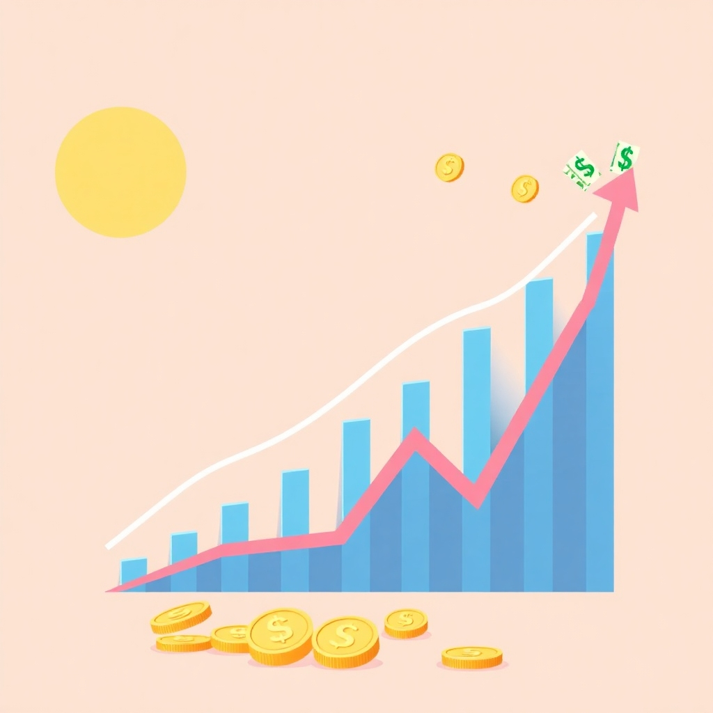 Illustrate a graph showing a steady upward climb in revenue, with coins and bills accumulating at the top. Use vibrant colors and positive imagery to convey the financial success. The overall feel should be prosperous and optimistic.