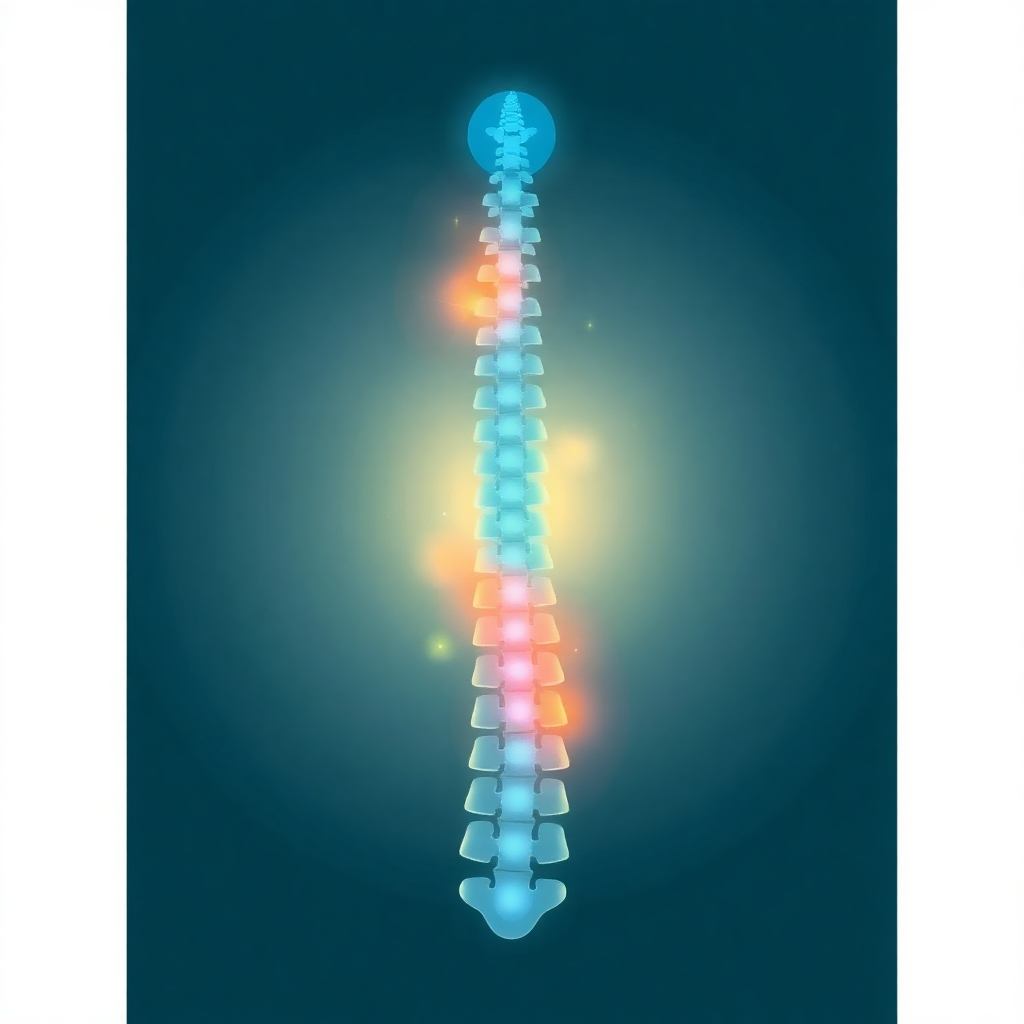 Illustrate a graphic representation of a healthy spine with glowing highlights, symbolizing the clinic's dedication to spinal health. Incorporate medical symbols and soothing colors to convey a sense of healing and expertise. The image should be clean, professional, and visually appealing.