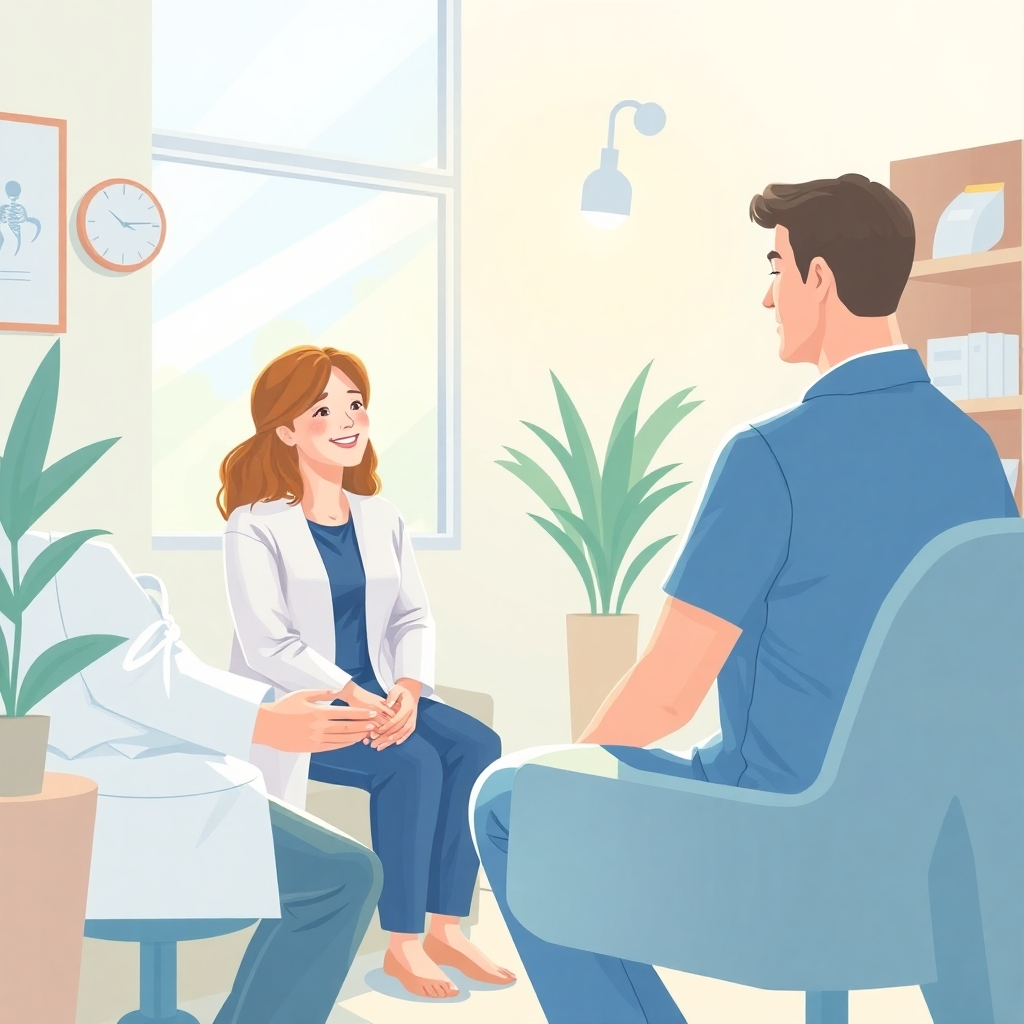 Illustrate a heartwarming scene inside the clinic, showing a chiropractor interacting positively with a patient during a consultation. Focus on conveying empathy and personalized care. Use soft, natural lighting and a comfortable setting to depict a supportive environment. The color palette should include calming blues and greens.