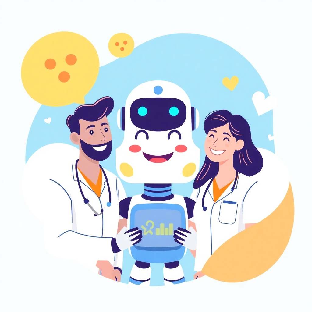 Illustrate a smiling chatbot seamlessly interacting with happy patients, symbolizing successful implementation and improved satisfaction. Incorporate vibrant colors and friendly imagery to convey the positive impact of innovative solutions.