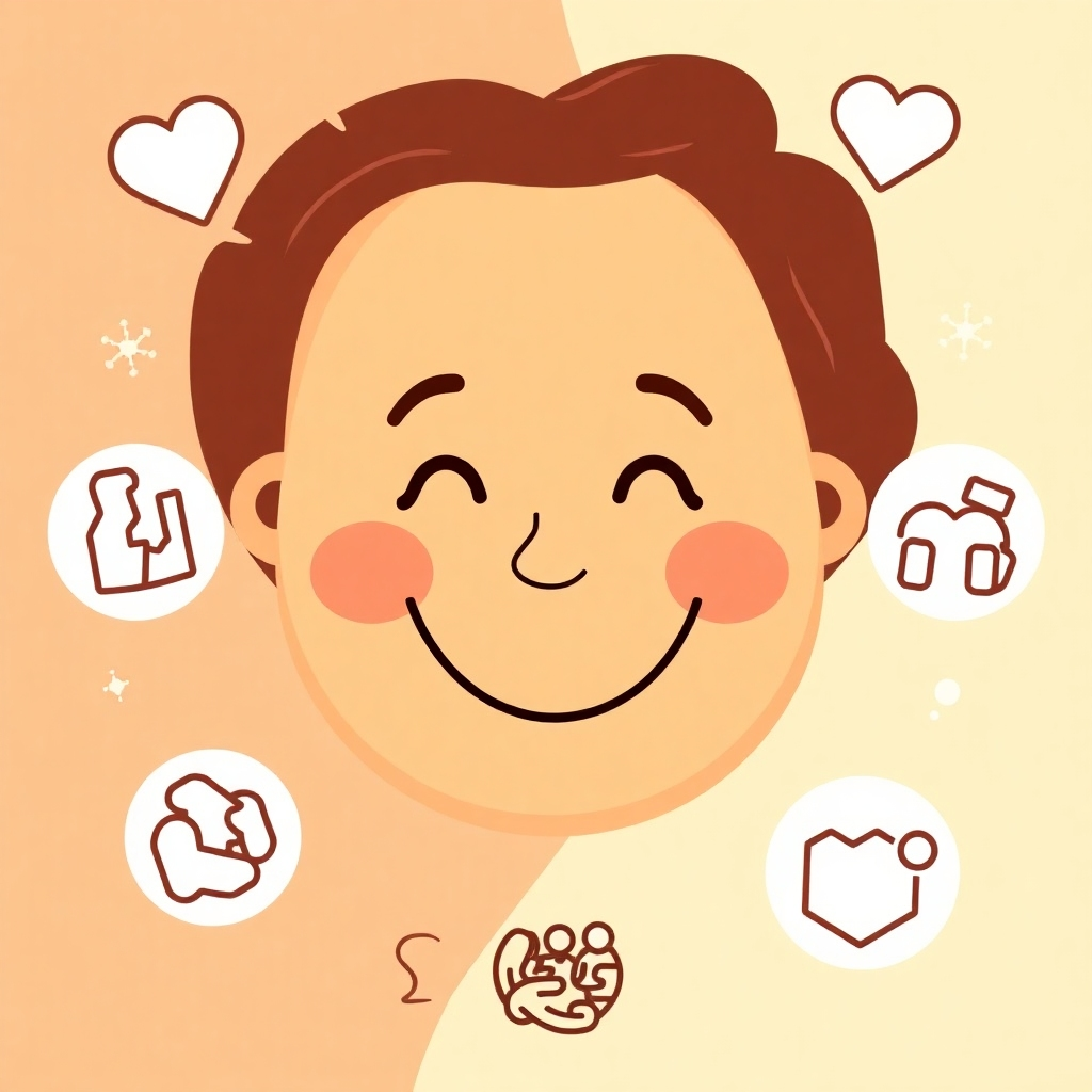 Illustrate a smiling face surrounded by positive icons representing ease of use, accessibility, and satisfaction. Use warm colors and a friendly design to convey a positive user experience. The overall feel should be inviting and comforting.
