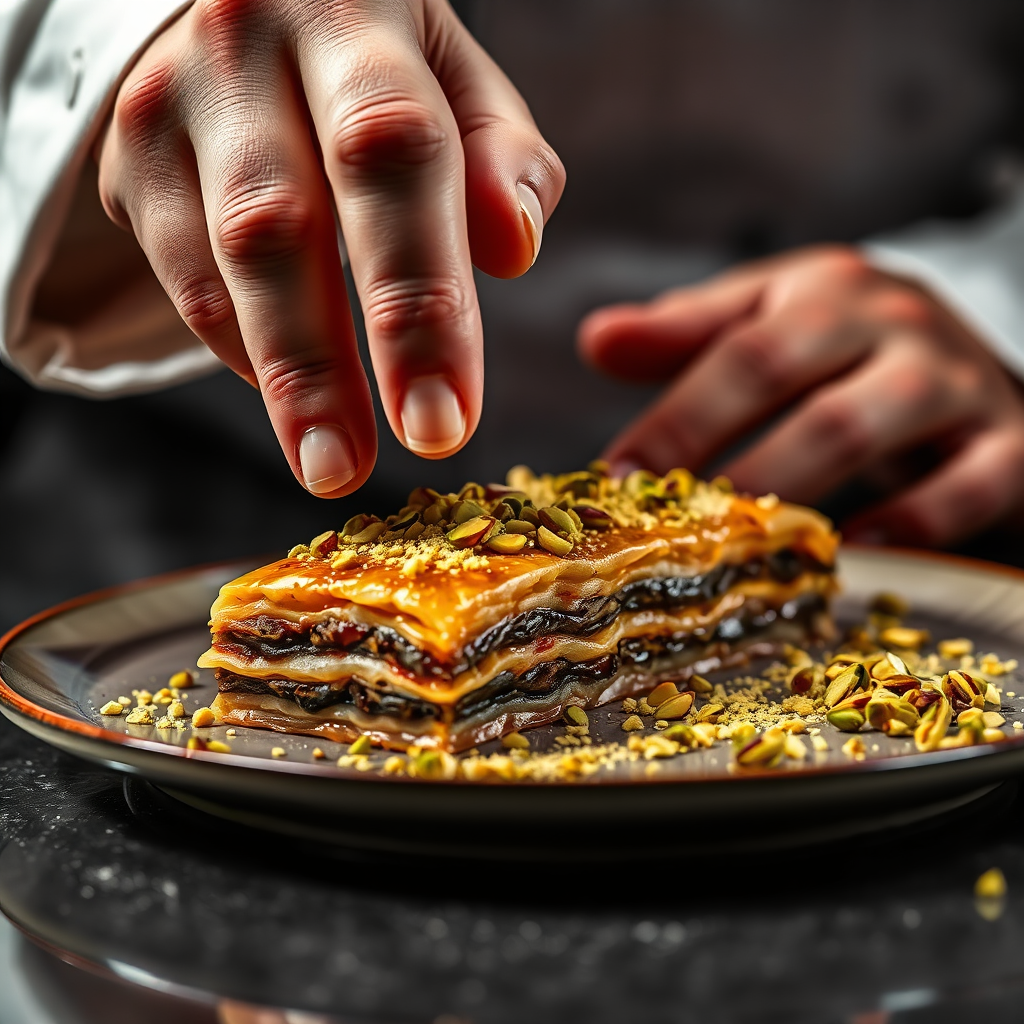 Chef garnishing dessert