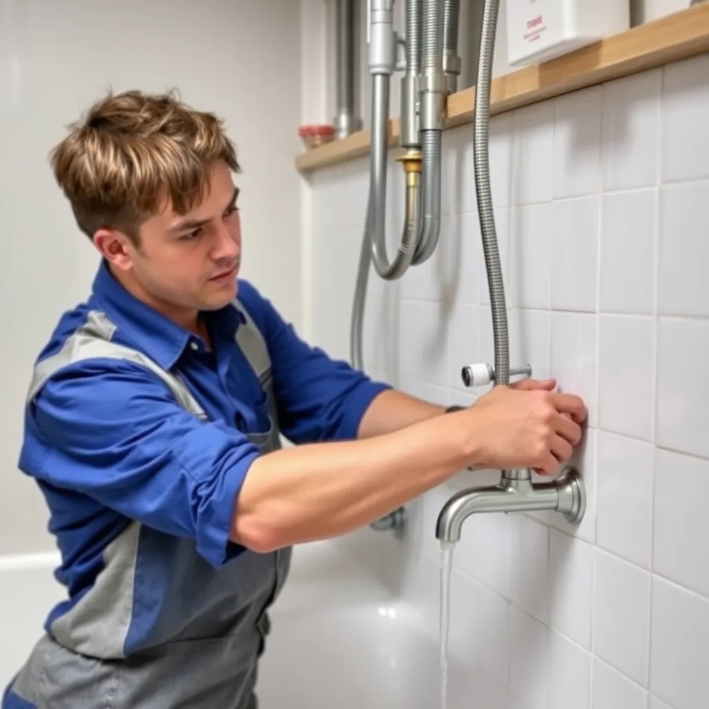 A close-up shot of a plumber's hand using a specialized tool to repair a leaking pipe, with water dripping from the pipe. The scene is set in a residential bathroom with a tiled floor and a white sink, highlighting the urgency of the situation.