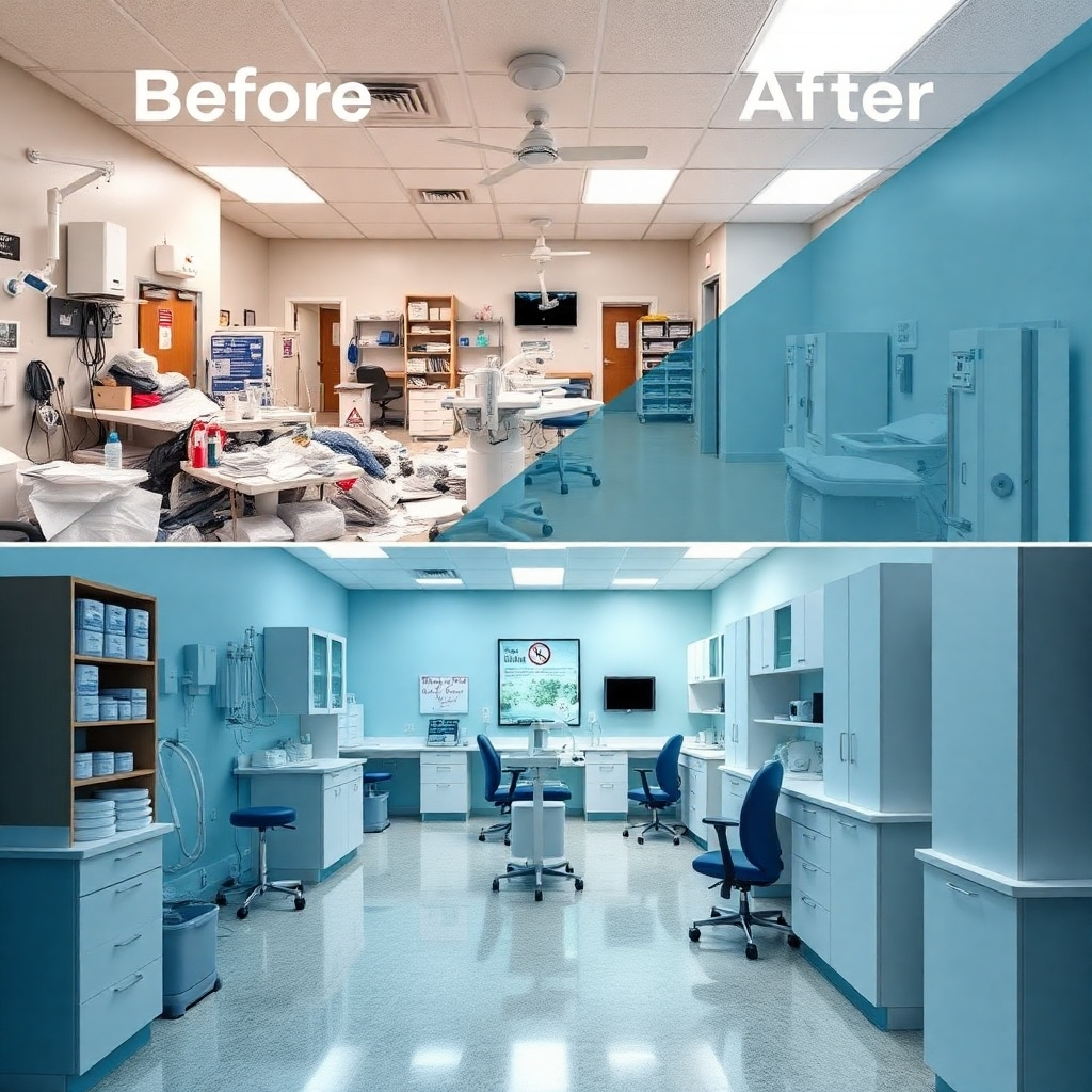 Show a before-and-after scene of the clinic, with the "before" side looking chaotic and disorganized and the "after" side looking streamlined and efficient, highlighting the positive transformation. Use contrasting colors and imagery to emphasize the change.
