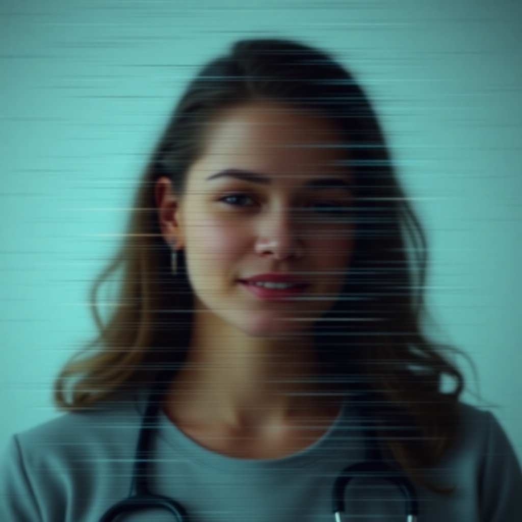Show a fading image of a caring chiropractor, partially obscured by digital interference. This visual represents the potential compromise of care due to logistical challenges. Use desaturated colors and blurred lines to convey a sense of fading quality.