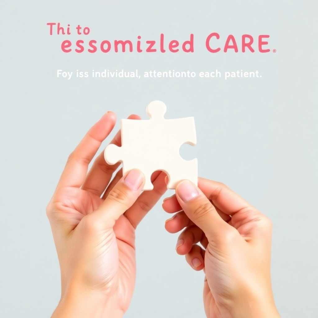 Show a pair of hands gently holding a uniquely shaped jigsaw piece that fits perfectly into a larger puzzle, symbolizing personalized care. Use warm colors and a caring design to convey the individual attention provided to each patient.