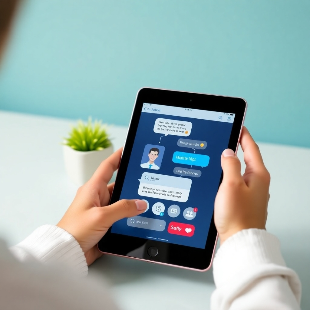 Show a person having a live chat session via the chatbot on a tablet. Use a light and fun color scheme to enhance interaction.