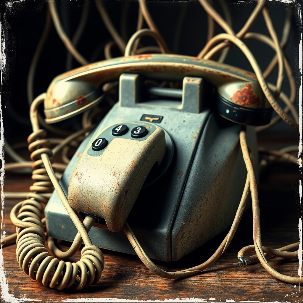 Visualize a worn-out phone receiver tangled in wires, symbolizing the challenges of traditional phone-based customer support. Incorporate faded colors and distressed textures to highlight the system's age and inefficiency. Emphasize the feeling of being overwhelmed and tangled.