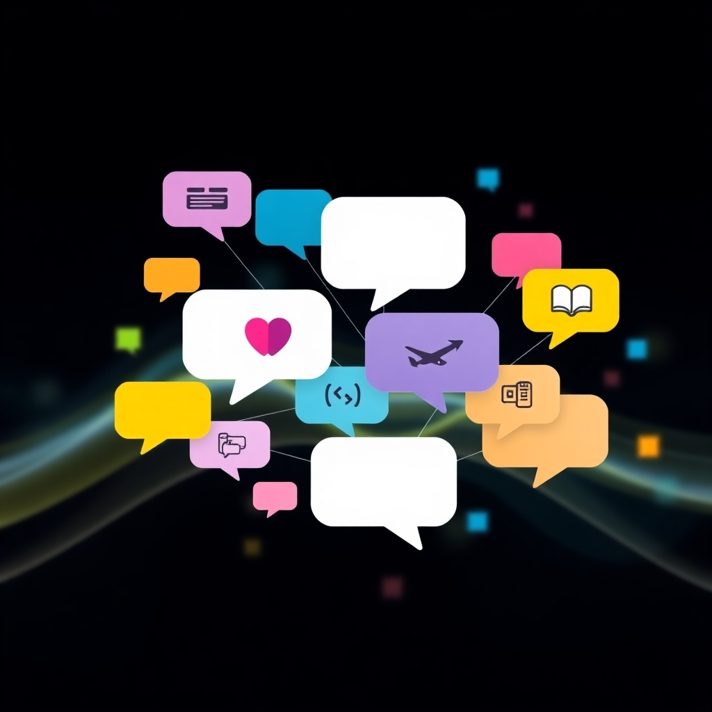 Visualize interconnected speech bubbles forming a network, representing real-time communication. Use vibrant colors and a flowing design to highlight the dynamic nature of the interaction. Include icons representing different languages and communication channels.