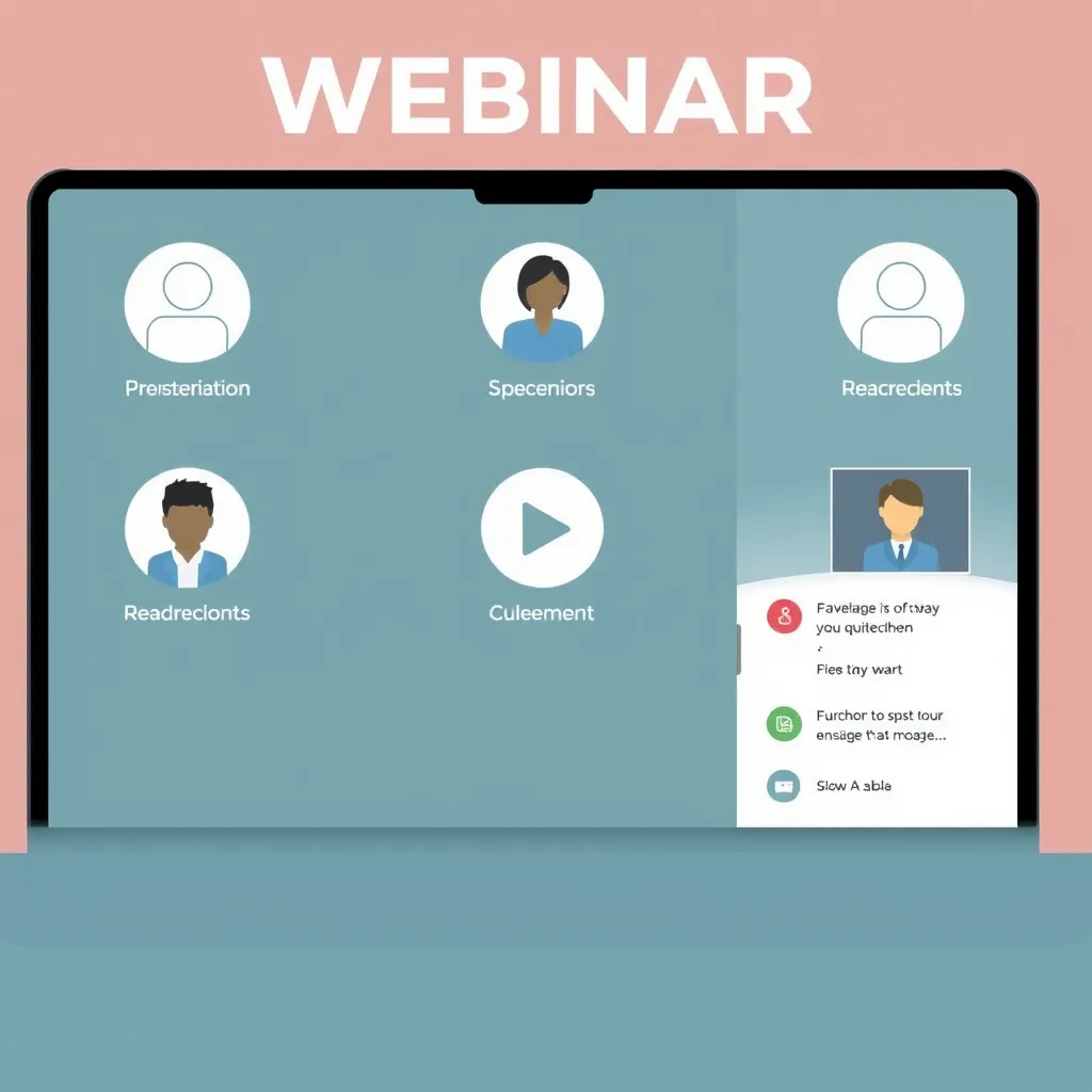 A modern, minimalist office setting with a laptop screen displaying an automated webinar interface. The screen should show a presenter speaking, with an interactive chat box below for audience questions. In the background, a team of professionals is collaborating, highlighting the personalized and engaging nature of the automated webinar experience.