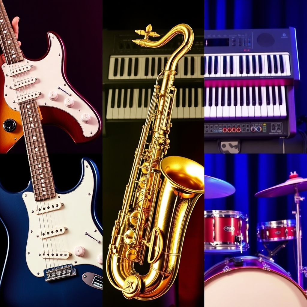 A collage of iconic musical instruments from the 50s to the 90s: an electric guitar, a saxophone, a synthesizer, and a drum set. The instruments are arranged in a dynamic and visually appealing composition. The lighting is bright and colorful, reflecting the energy of the music. Style: Eclectic, vibrant. Technical specs: 4K resolution, high quality.