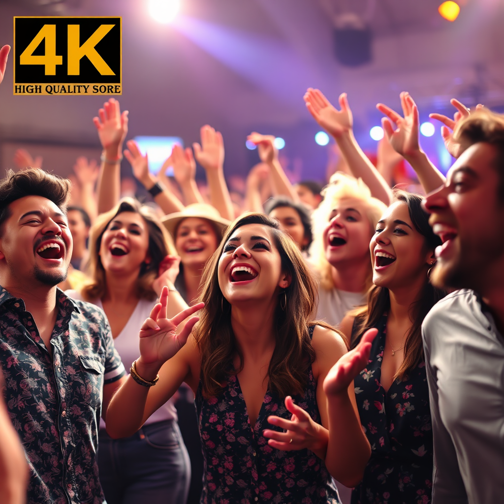 A diverse group of people dancing and singing along to music. The scene is full of energy and joy. The lighting is bright and vibrant. Style: Uplifting, positive. Technical specs: 4K resolution, high quality.