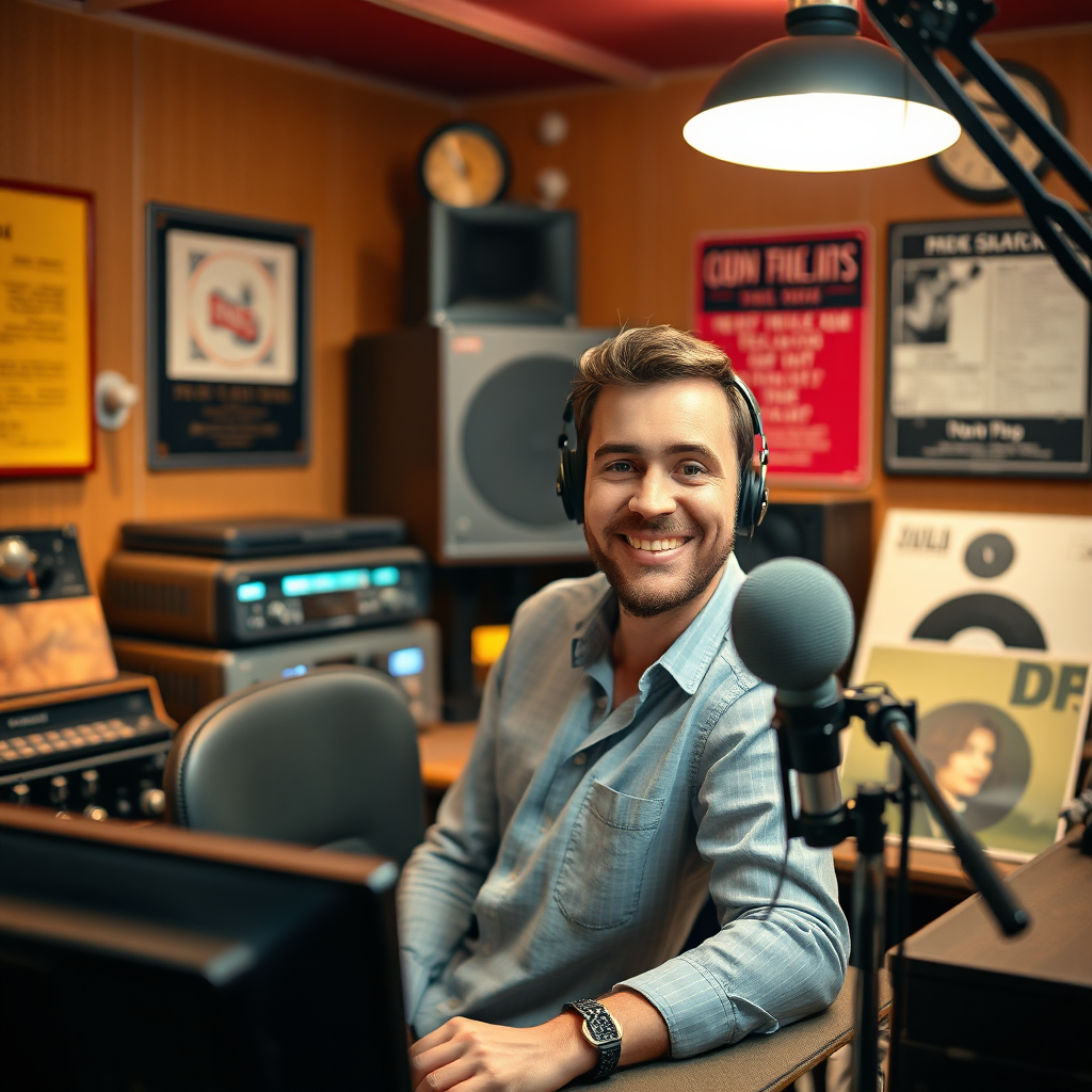 A friendly DJ in a vintage radio station booth, smiling at the camera. The booth is filled with classic recording equipment and vinyl records. The lighting is warm and inviting. Style: Retro, authentic. Technical specs: 4K resolution, high quality.