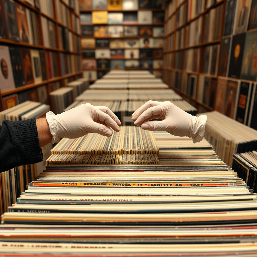 A pair of hands carefully selecting vinyl records from a large collection. The hands are wearing gloves, suggesting the importance of preserving the music. The background is filled with shelves of records. Style: Meticulous, dedicated. Technical specs: 4K resolution, high quality.