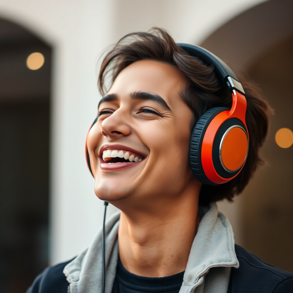 A person happily listening to music on vintage headphones. The headphones are large and colorful, representing the fun and freedom of listening to your favorite songs. The person is smiling and relaxed, with a blissful expression on their face. The background is blurred and out of focus. Style: Joyful, carefree. Technical specs: 4K resolution, high quality.