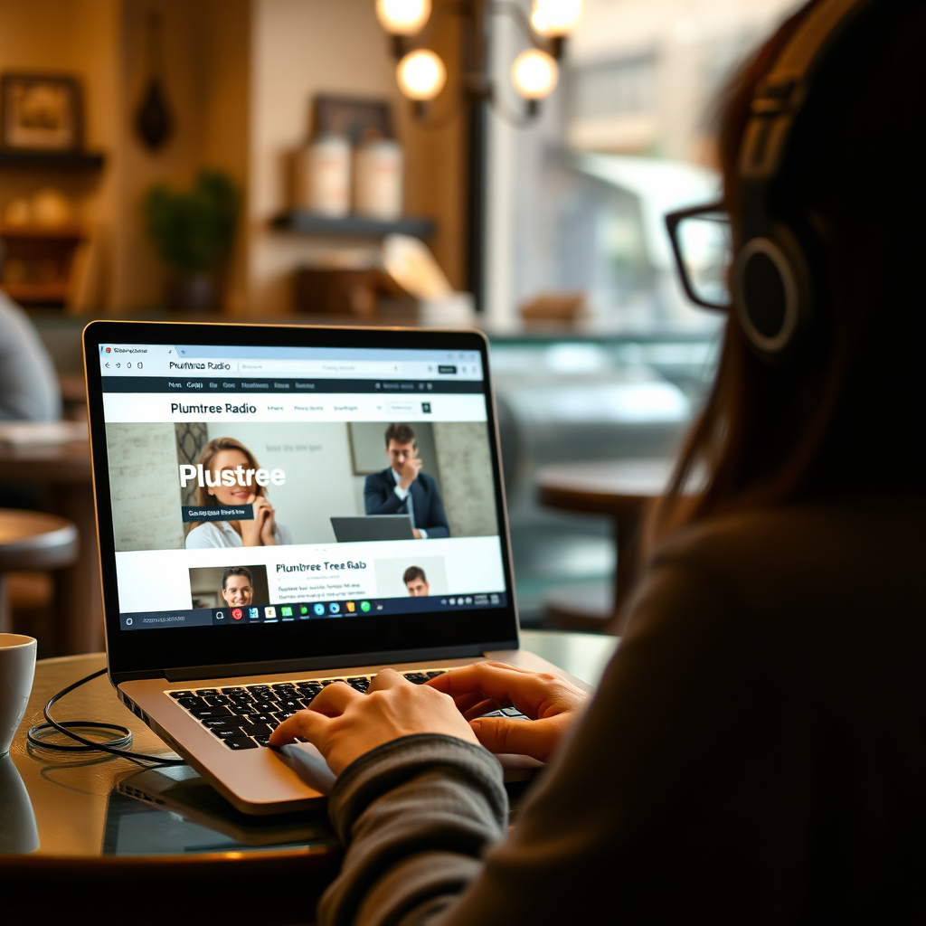 A person using a laptop in a coffee shop, listening to Plumtree Radio. The scene is warm and inviting, with soft lighting and a relaxed atmosphere. The laptop screen displays the Plumtree Radio website. Style: Casual, contemporary. Technical specs: 4K resolution, high quality.